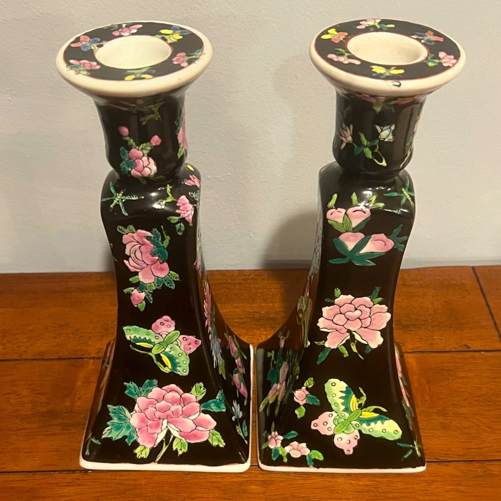 ✨ Vintage Black Candlesticks Asian Chinese Floral Motif Midcentury